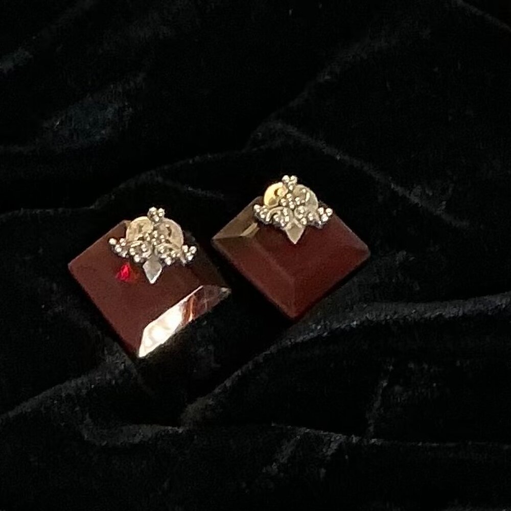 Vintage Red Stone Statement Earrings, Art Deco Silver Detail